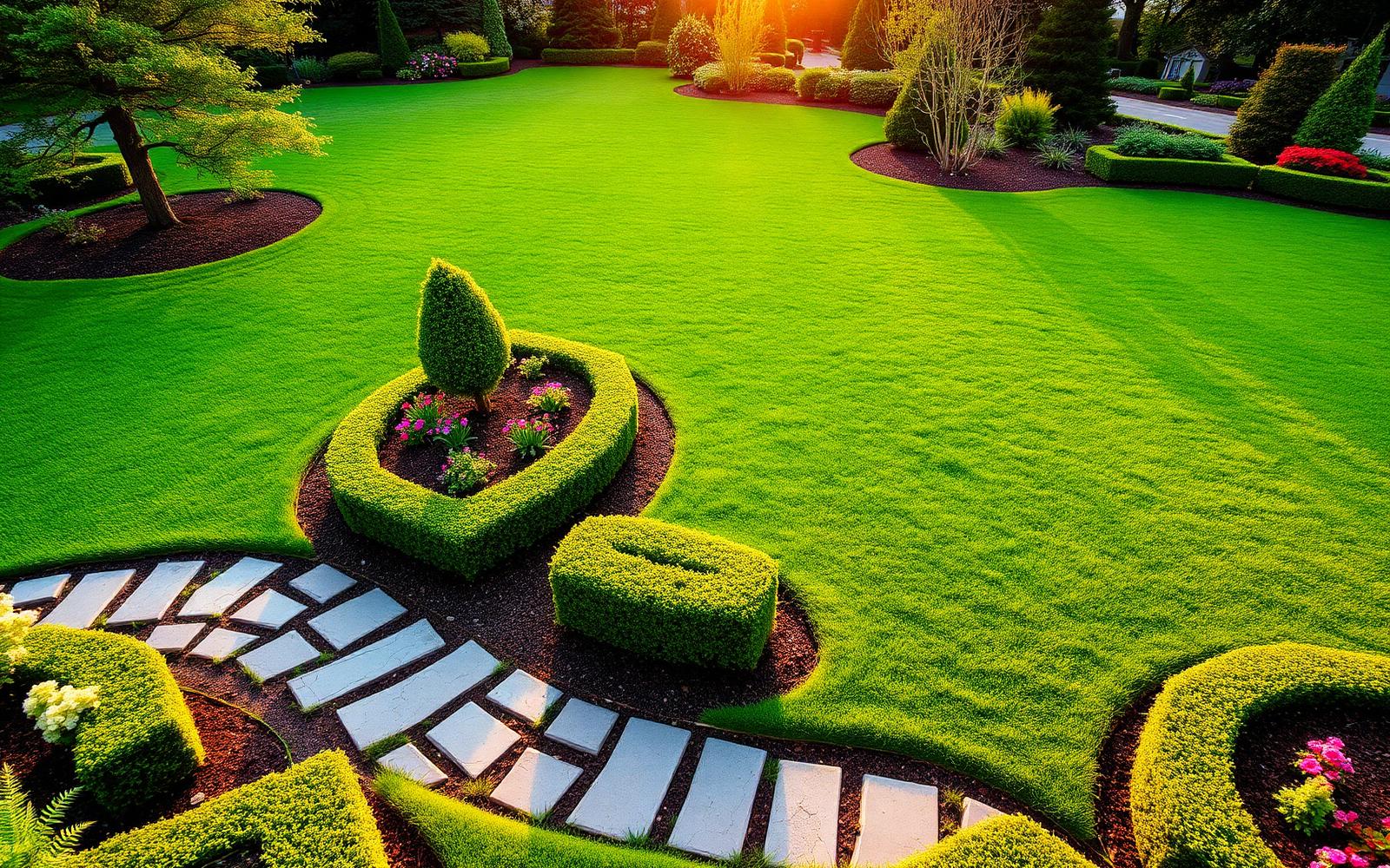 Manicured lawn with landscaped garden at golden hour